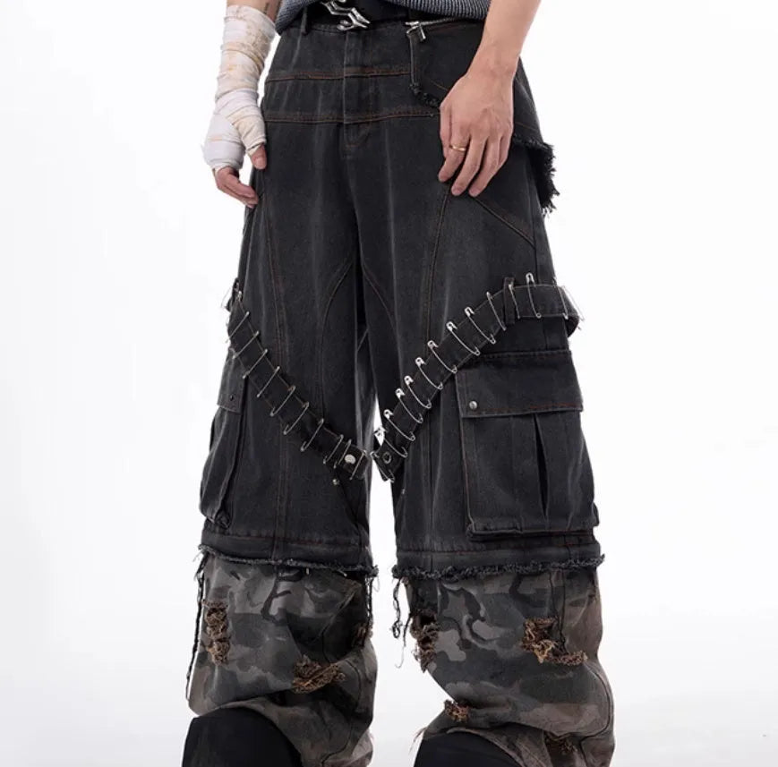 Men's grey camouflage splicing jeans with pin ribbon detailing on cotton denim fabric