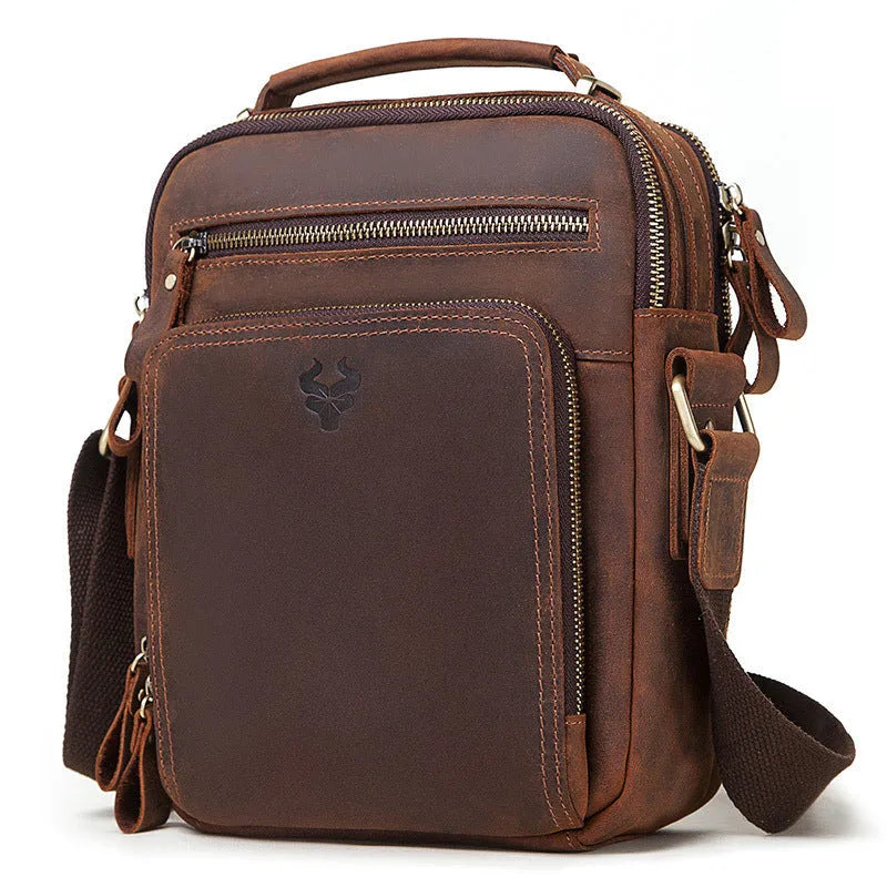 Men's brown leather crossbody bag with single-shoulder design and sewing line detailing