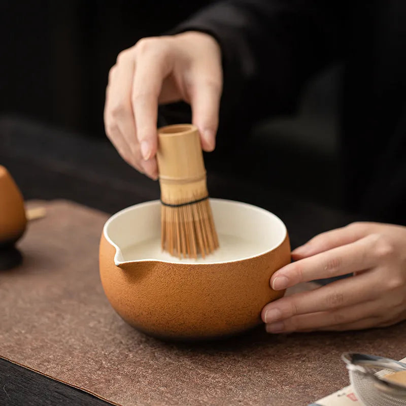 Guyun matcha eight-piece ceramic set with thread pointed bowl, tea stand, spoon, and accessories