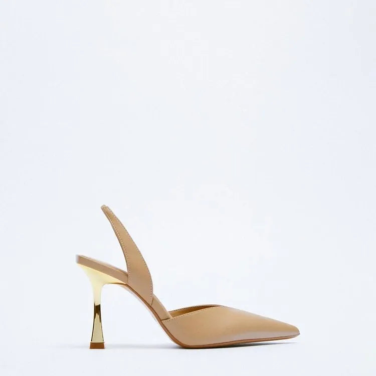 Korean style women's pointed toe high heels in patent leather with shallow mouth design in black and apricot colours