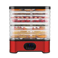 Silver household food dehydrator with 8 drying trays showing expanded and collapsed height positions