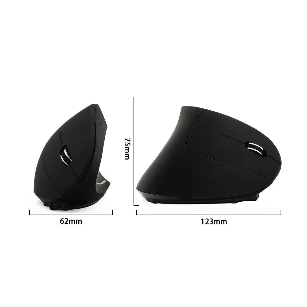 Vertical Vertical wired optical mouse in black with USB cable, six buttons, and four-way wheel on a laptop desk