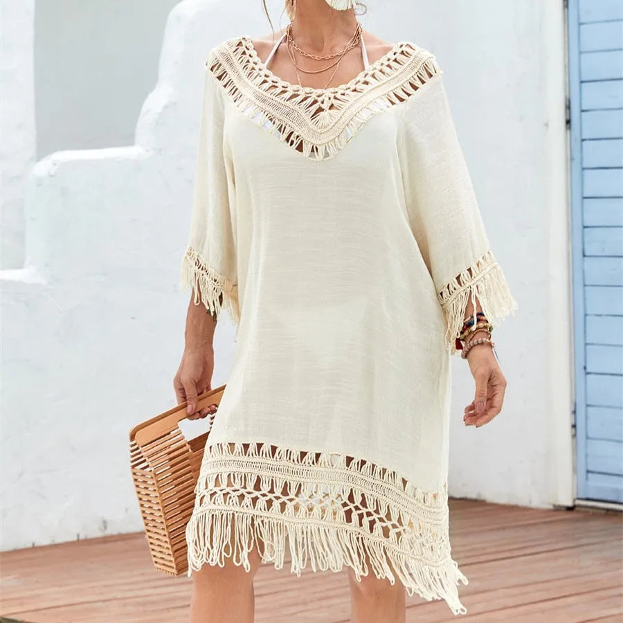 Apricot crocheted patchwork beach dress with half sleeves and mid-length skirt in free size European styling