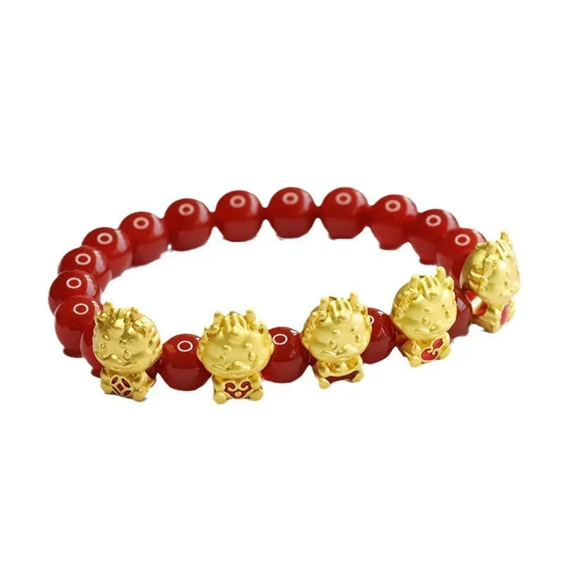 Natural red agate bracelet with five blessing dragon design on 8mm beads.