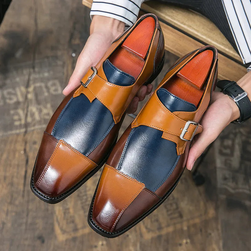 Men's brown-blue and black retro buckle casual leather shoes with a tall crown.