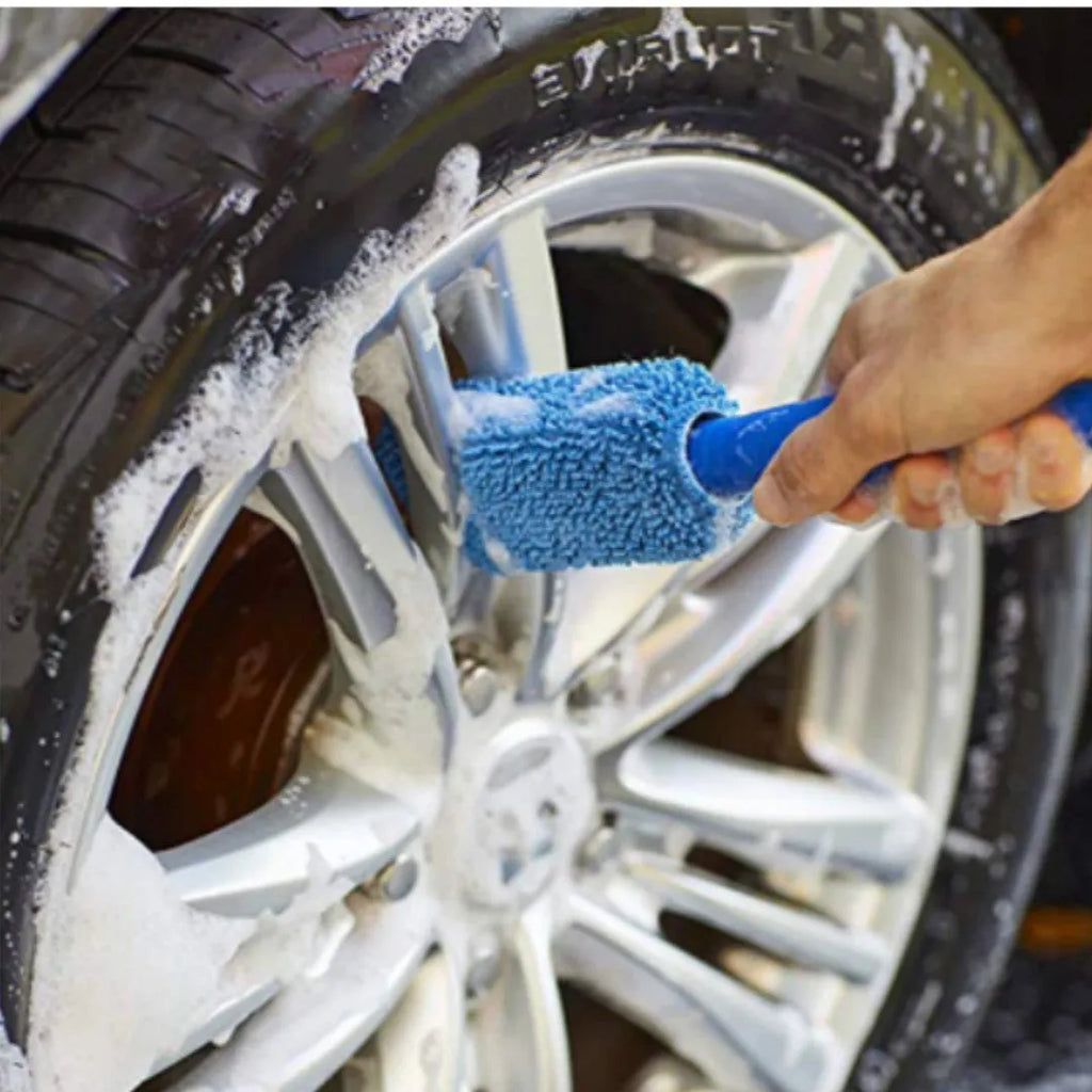 29cm long handle microfiber car tire brush in blue colour for wheel cleaning