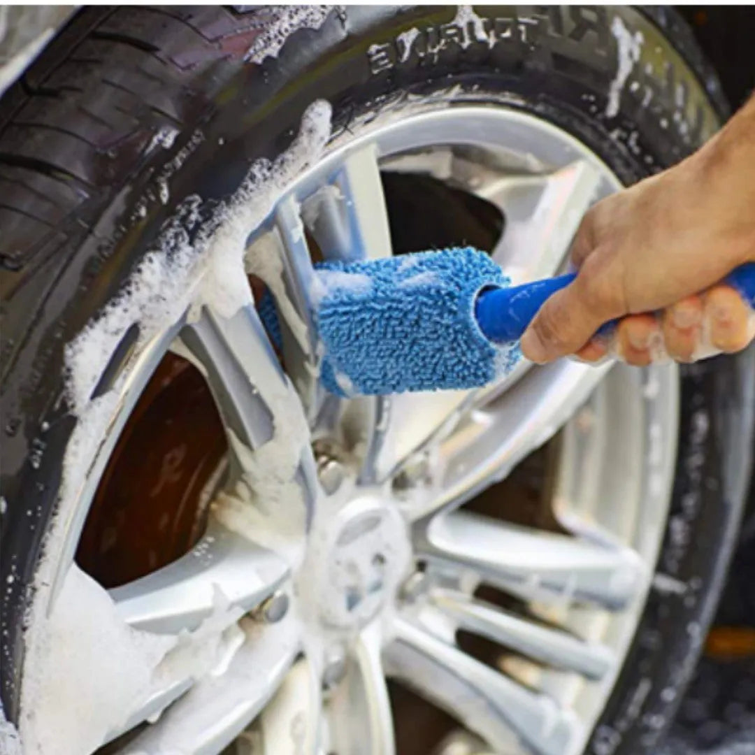 29cm long handle microfiber car tire brush in blue colour for wheel cleaning