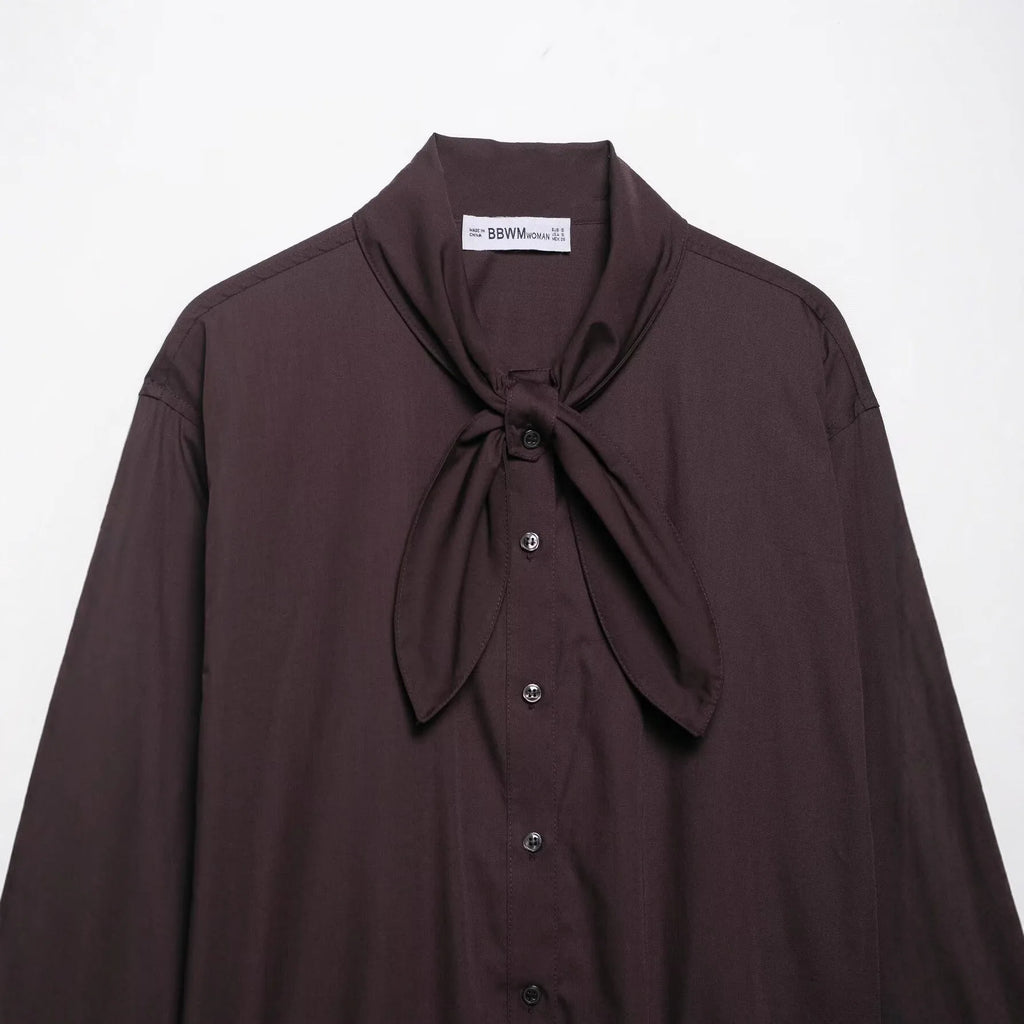 Brown women's poplin shirt with scarf detail and bow tie in cardigan style