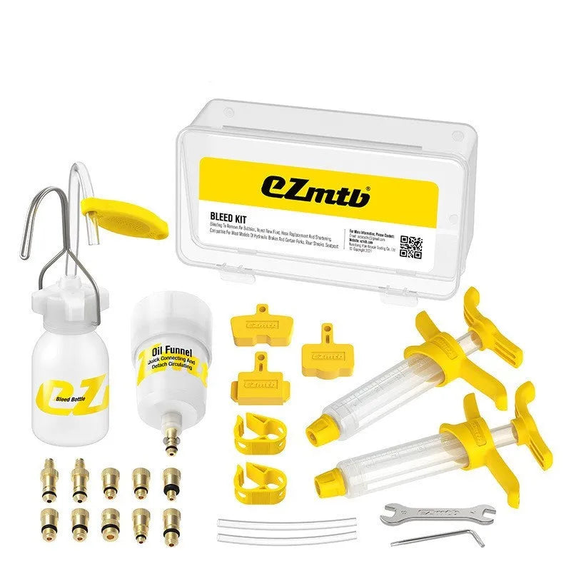 EZmtb bicycle hydraulic disc brake oil bleed kit tools with syringes, adapters and wrenches