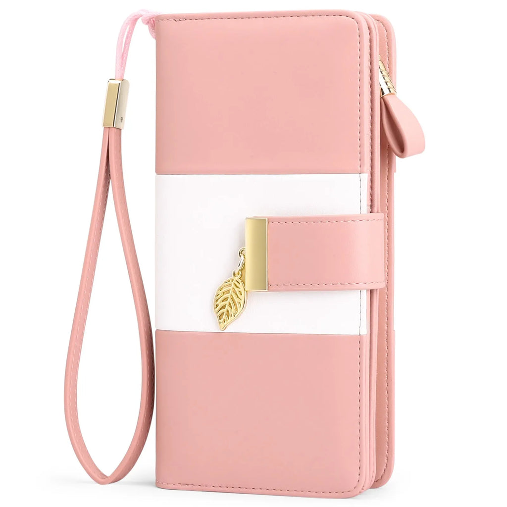 PU leather clutch bag with anti-theft brush design and lock closure in light pink colour