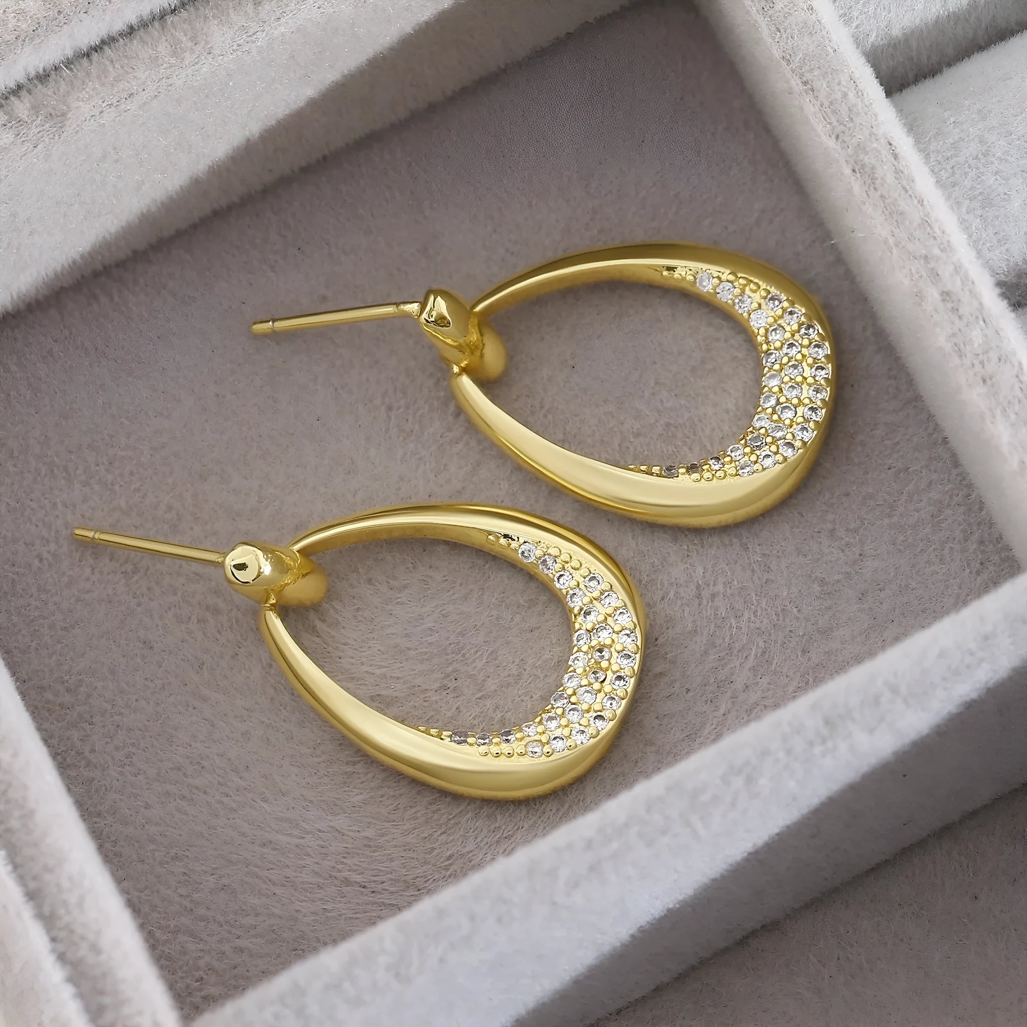 Yellow gold geometric drop earrings with zircon detailing, 2.6cm copper earrings with colour retention electroplating