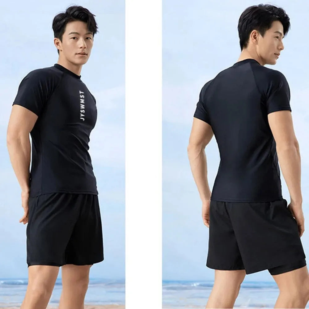 Men's plus size polyester swimsuit set with top and swimming trunks
