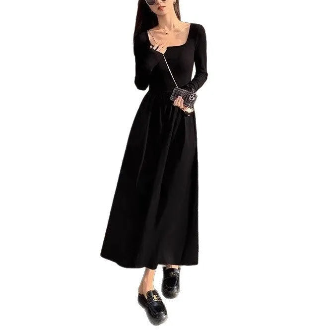 Women's square collar knitted A-line dress with elastic waist in black or grey