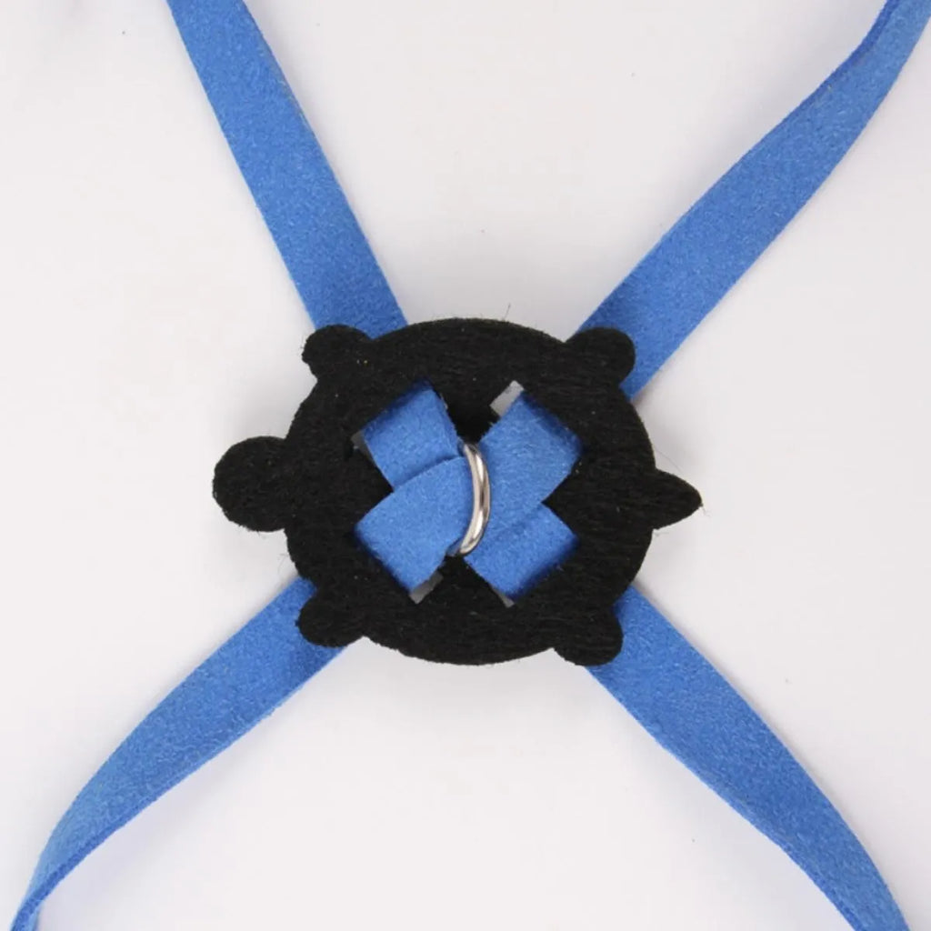 Adjustable pet turtle vest harness with bell in yellow on blue background