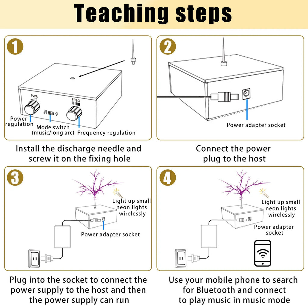 Music tesla coil with touchable arc plasma lightning on a desk next to a power supply