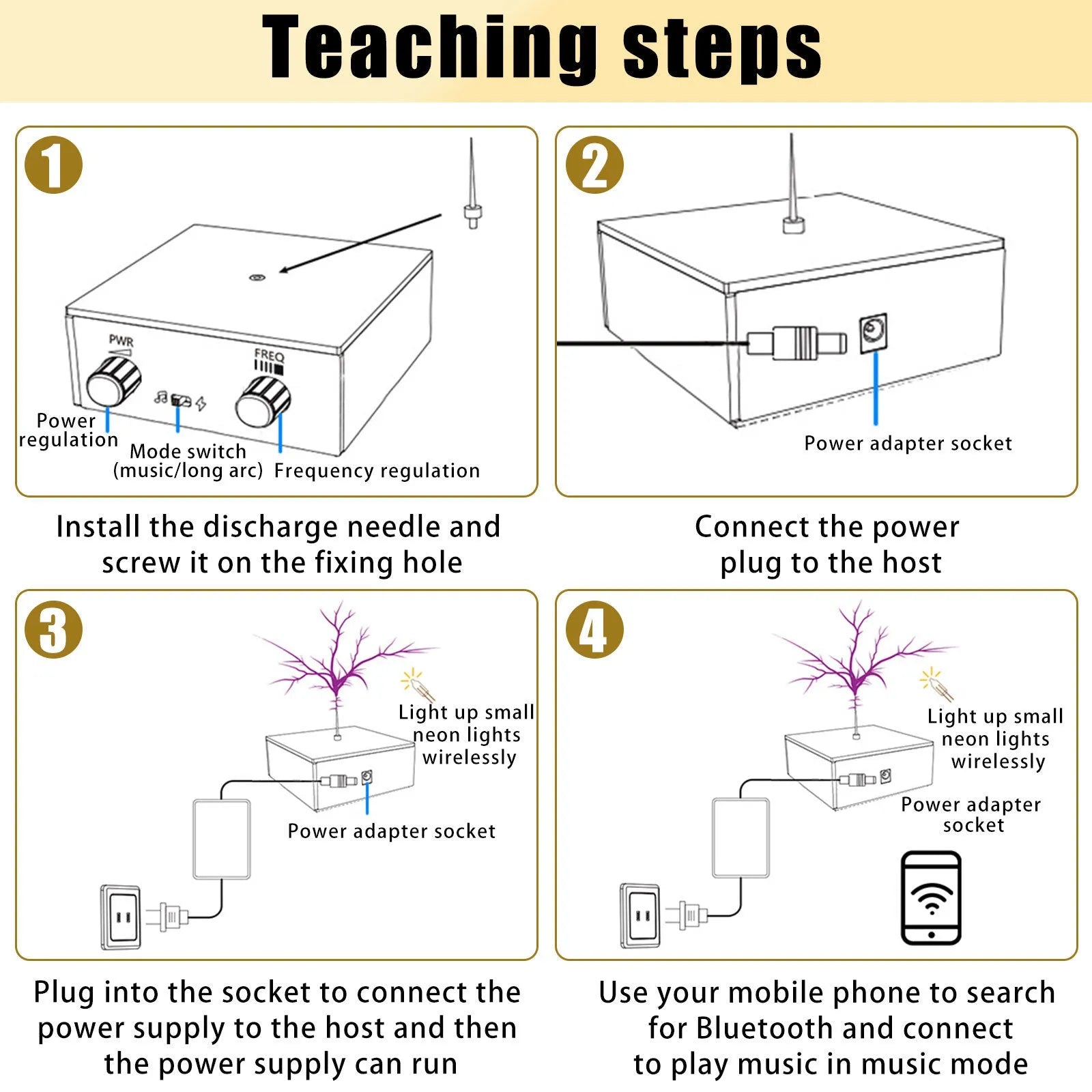 Music tesla coil with touchable arc plasma lightning on a desk next to a power supply