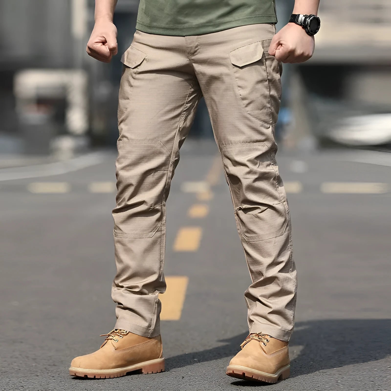 Men's solid colour training pants in khaki, made from chemical fibre blending fabric, designed for hiking and camping