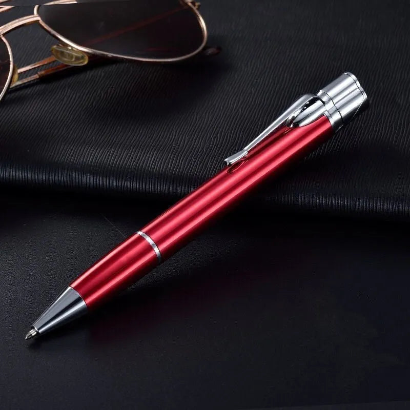 A slim metal pen-style jet flame lighter in a choice of colours, shown with a windproof blue flame.