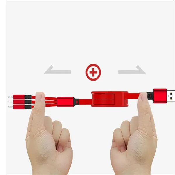 Telescopic 3-in-1 charging cable extended to 120 cm length with TPE body and titanium alloy connectors