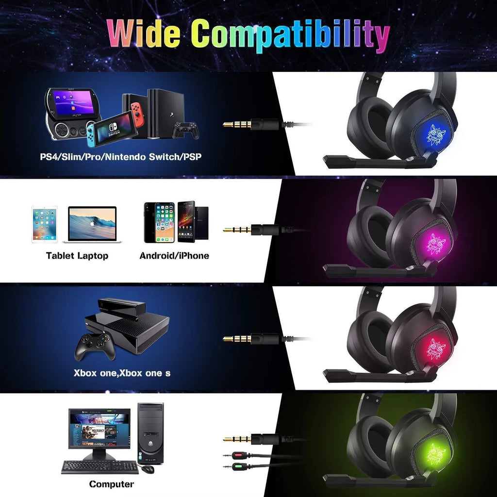 ONIKUMA K19 gaming headset with RGB LED lighting on earcups, black colour, connected via 3.5mm jack and USB