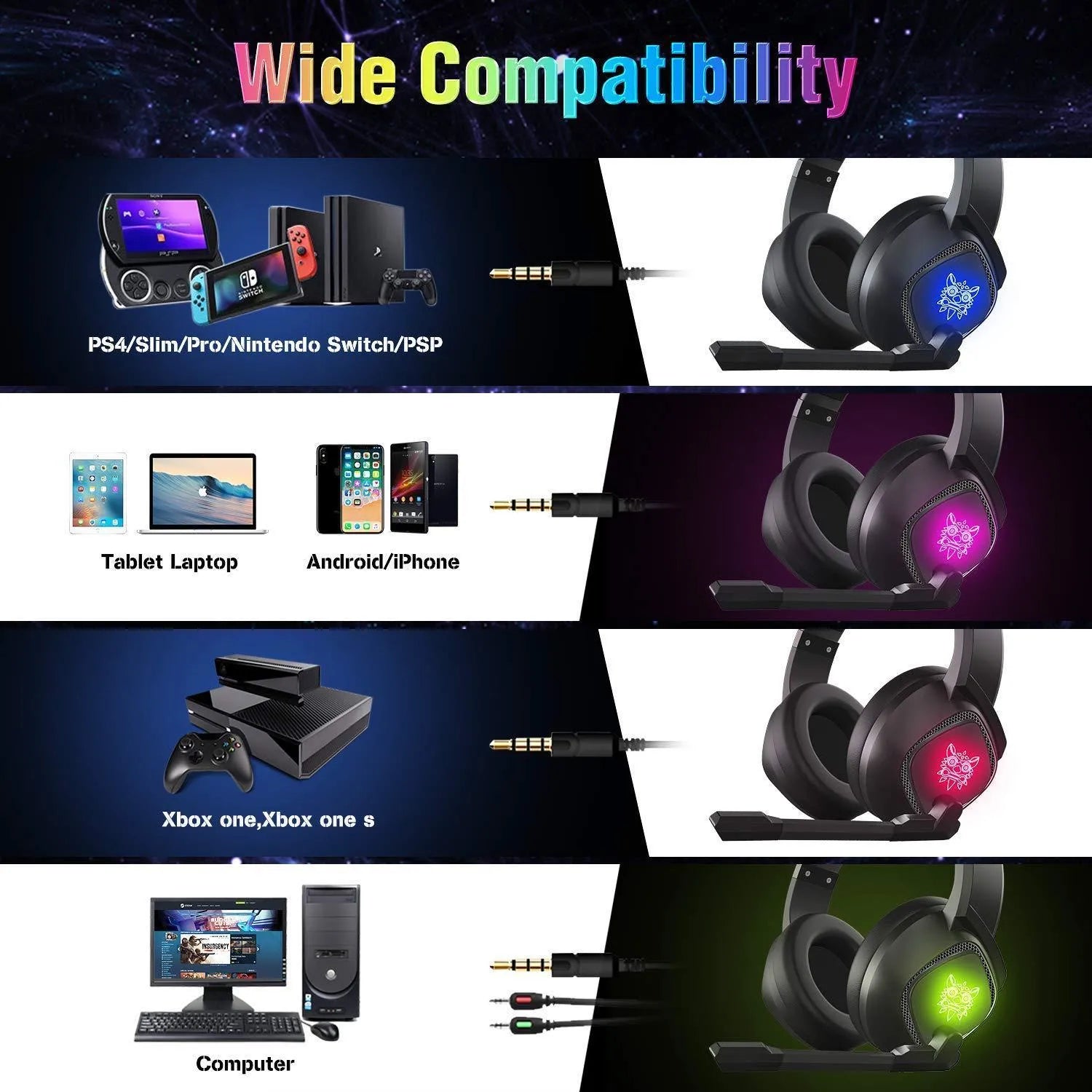 ONIKUMA K19 gaming headset with RGB LED lighting on earcups, black colour, connected via 3.5mm jack and USB