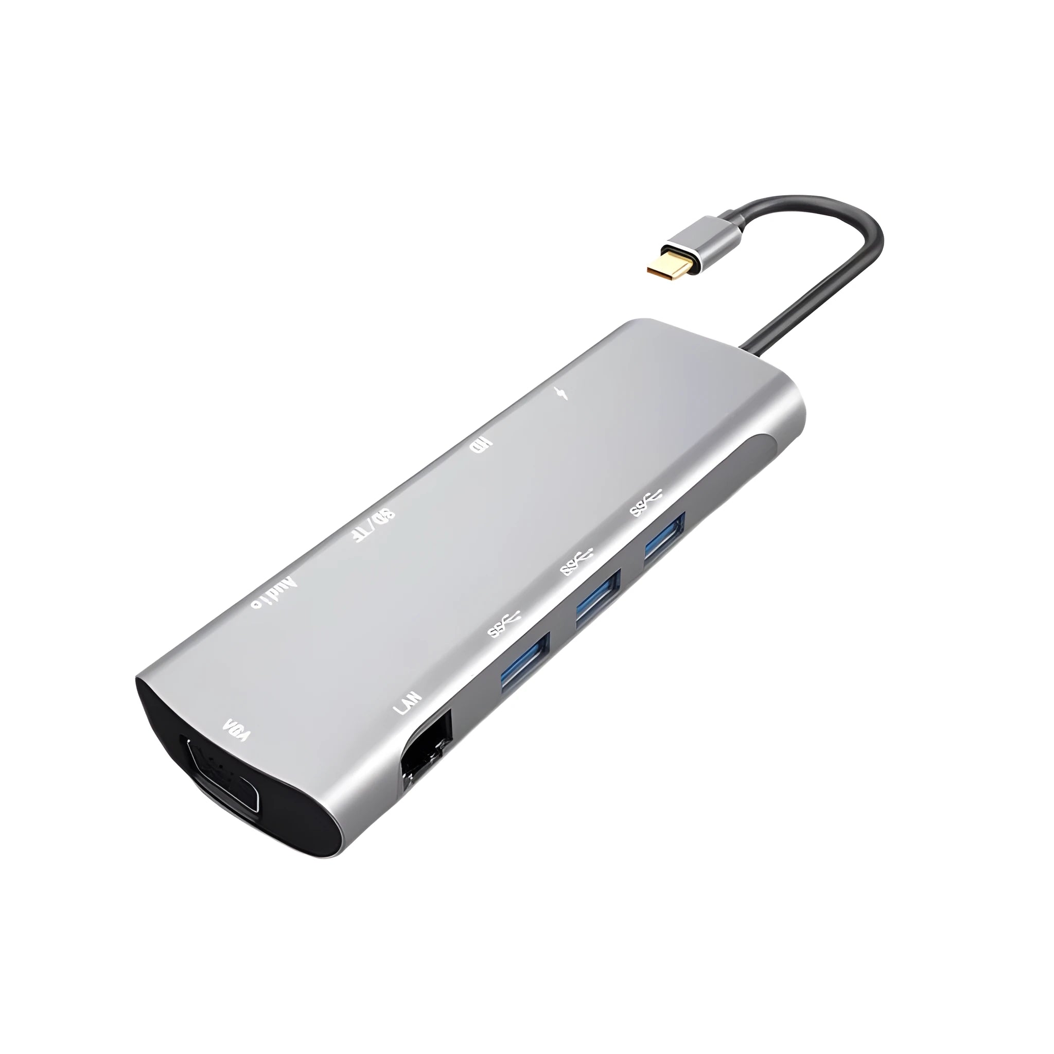 Grey aluminium USB-C docking station showing HDMI, VGA, USB 3.0, and USB-C PD charging ports.