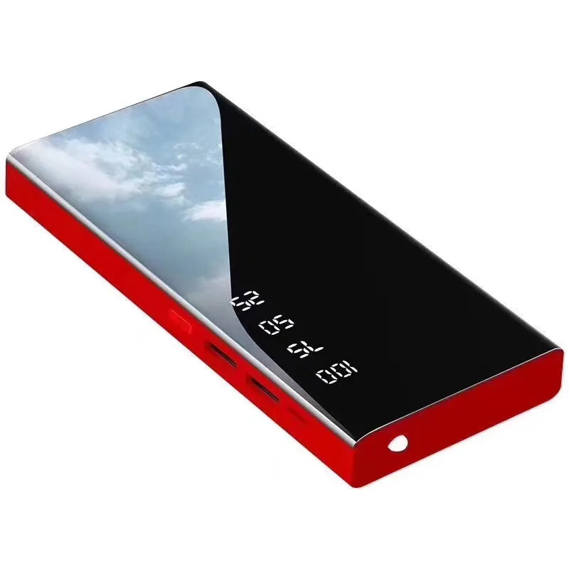 Black 20000mAh power bank with LCD percentage display showing dual USB output ports