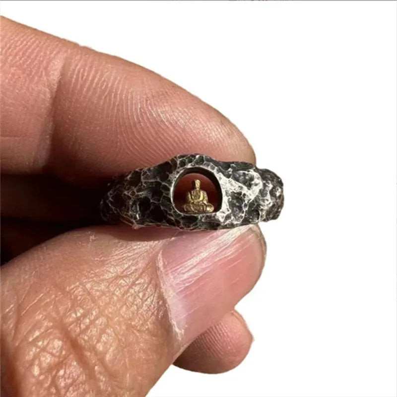 Hand-forged copper Grotto Buddha ring with rock texture finish, shown in size No. 8.