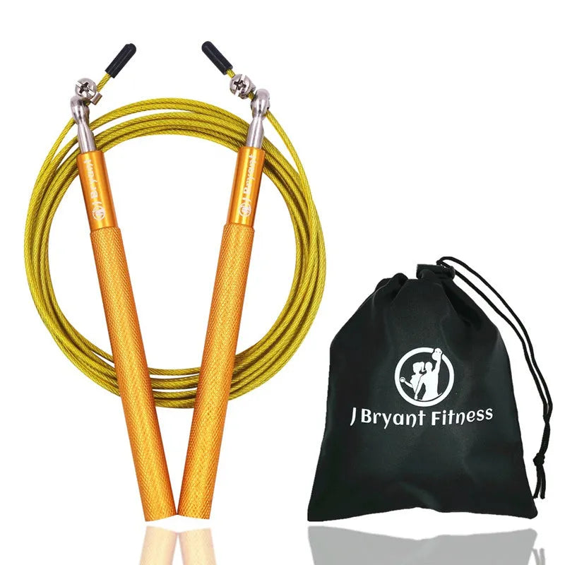 Crossfit speed jump rope with aluminum handle, wire cable, spare cable, and carrying bag in black