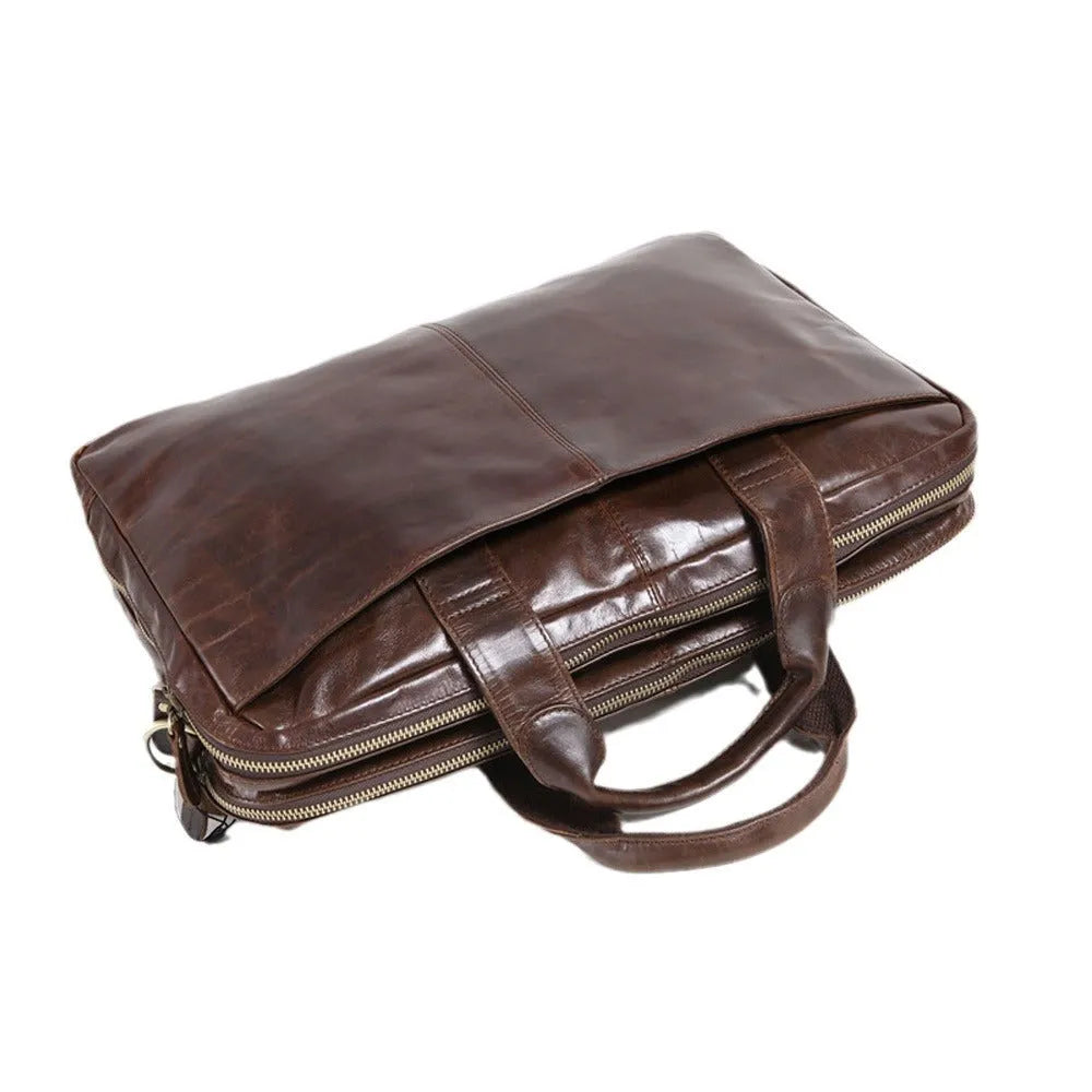 Brown 18-inch men's business briefcase in first-layer cowhide leather with visible patterning