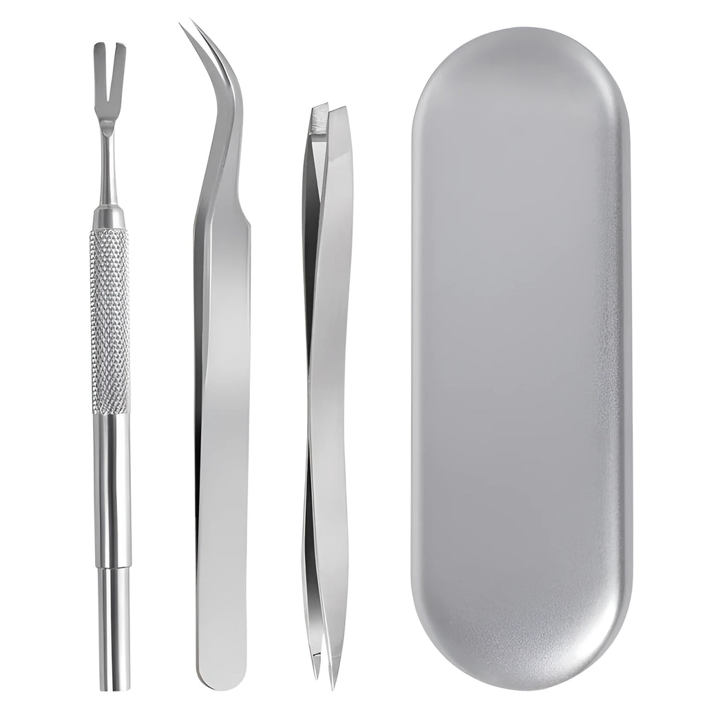 Three silver stainless steel tick clips with grate-style heads for pet parasite removal
