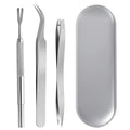 Three silver stainless steel tick clips with grate-style heads for pet parasite removal