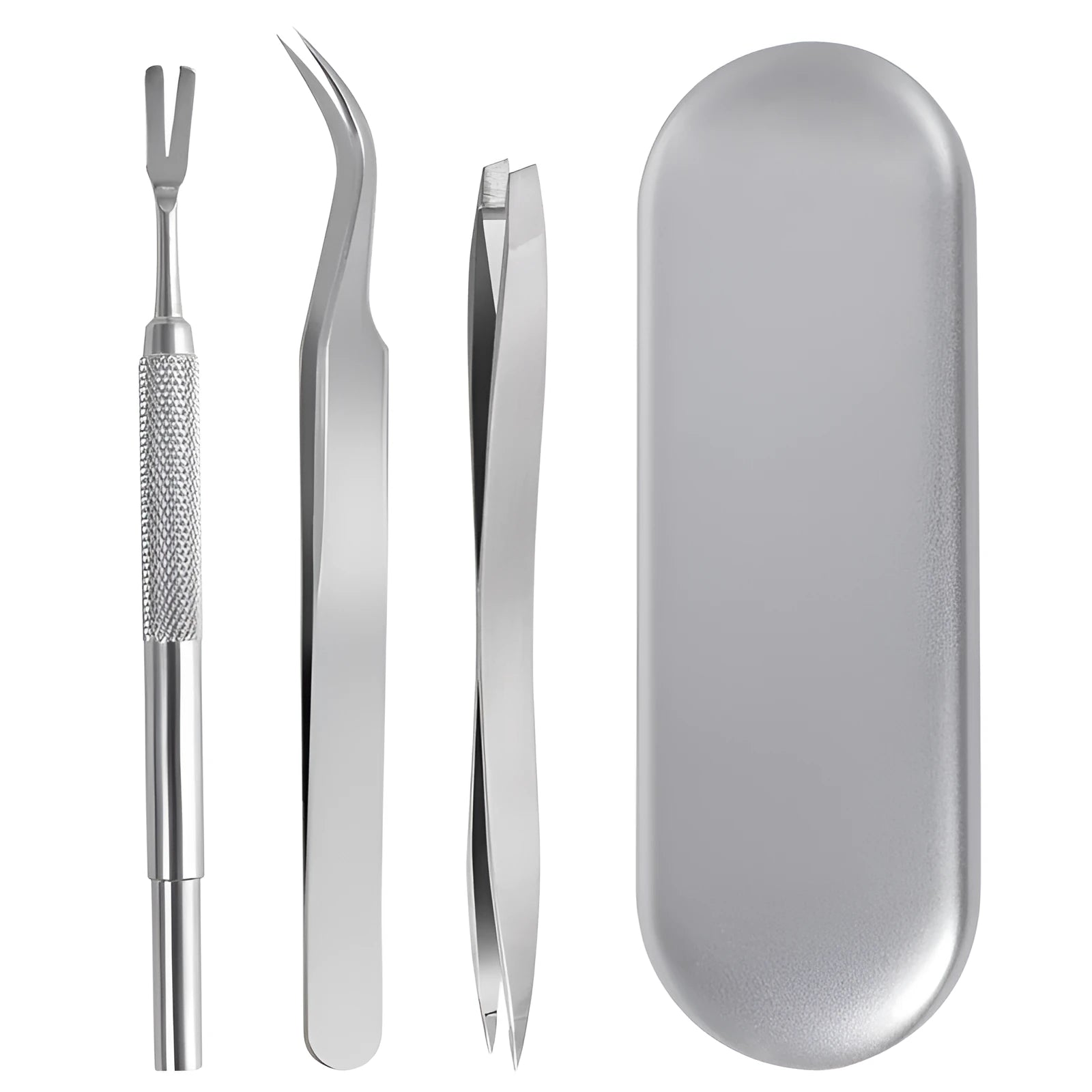 Three silver stainless steel tick clips with grate-style heads for pet parasite removal