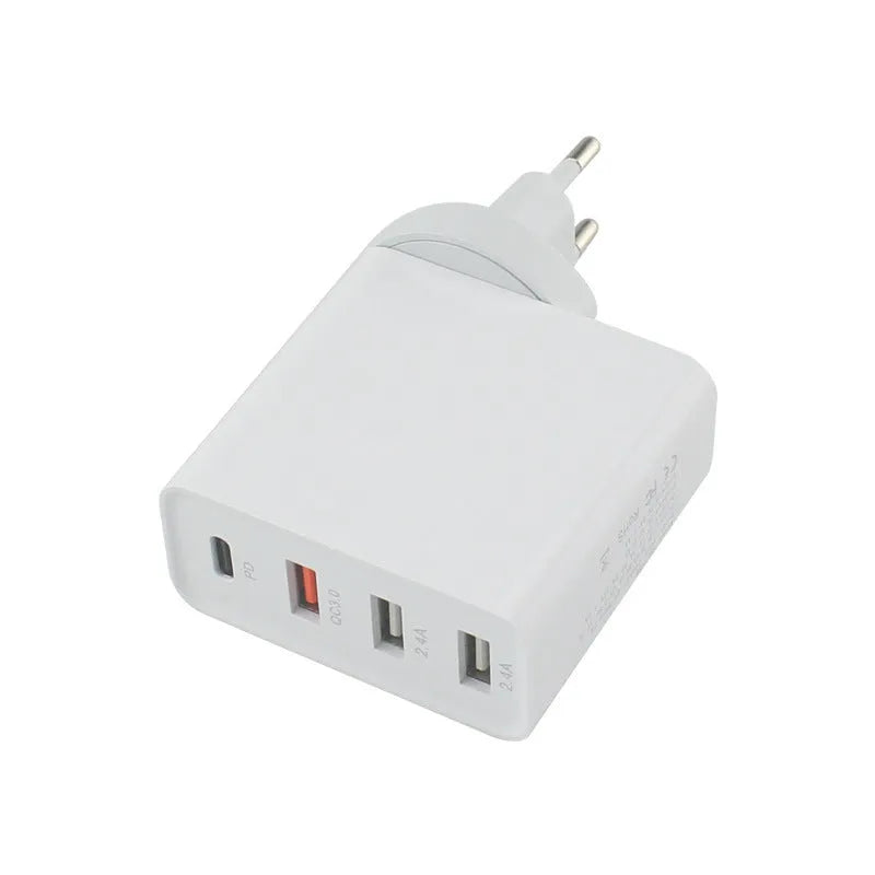 48W USB-C wall charger with four ports in black or white with international plug options