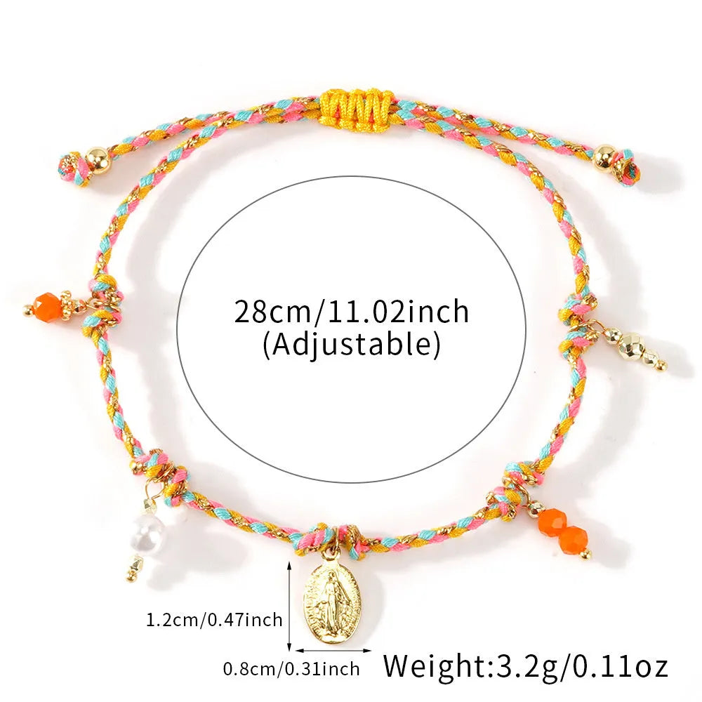Hand-woven colourful braided rope bracelet with ethnic strap tag design for women