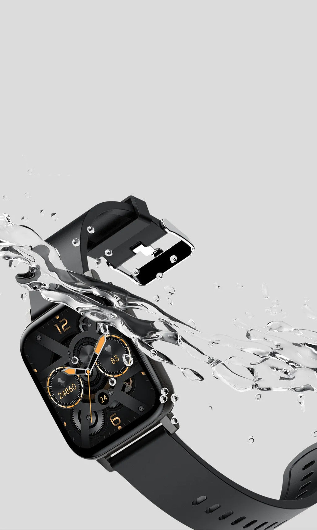 H80 black sports smart watch with 1.69-inch touchscreen on a silicone strap, displaying heart rate data.