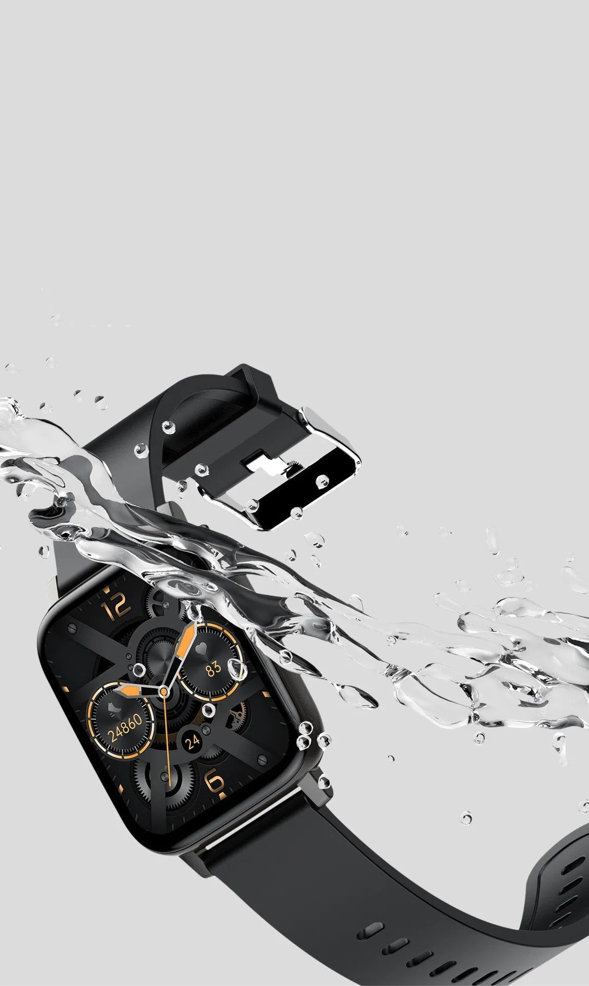 H80 black sports smart watch with 1.69-inch touchscreen on a silicone strap, displaying heart rate data.