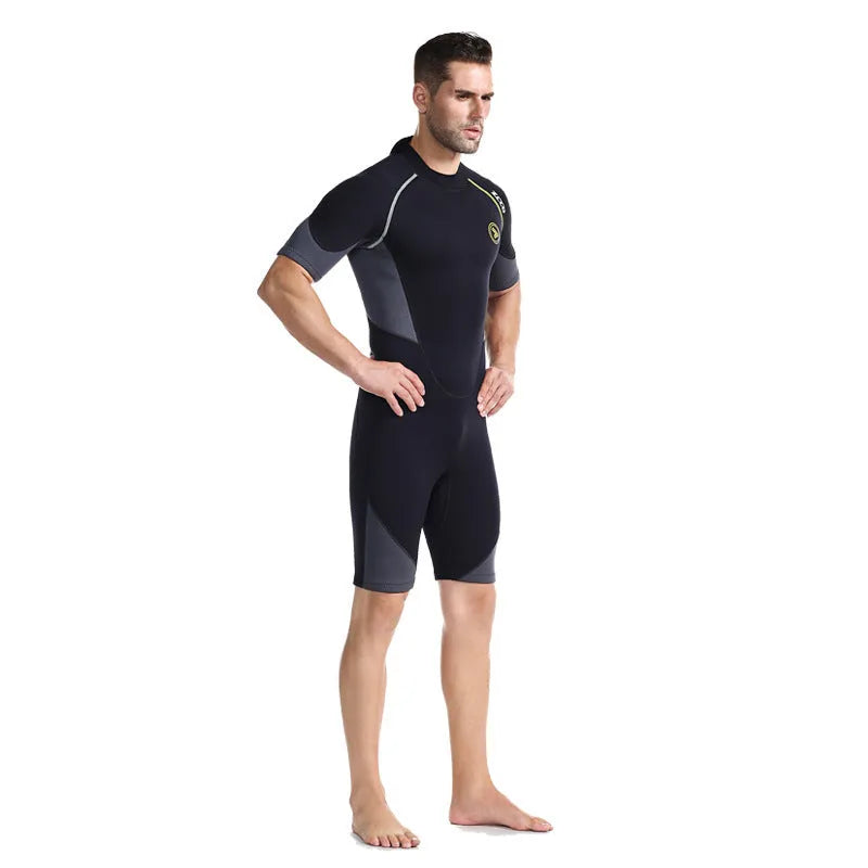 Men's black SCR neoprene short sleeve swim top with round neck and YKK zipper