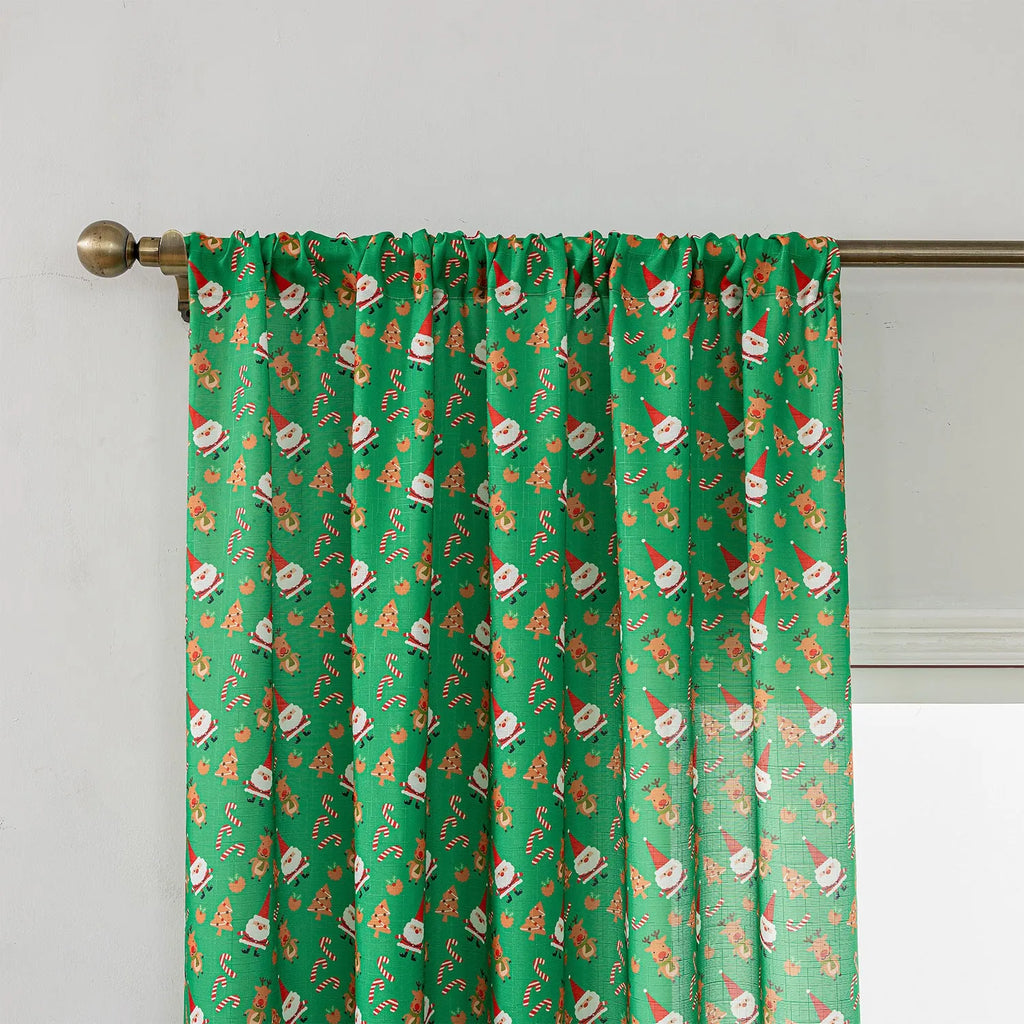 Red Christmas curtain with printed snowman and angel cartoon figures, 1 metre length
