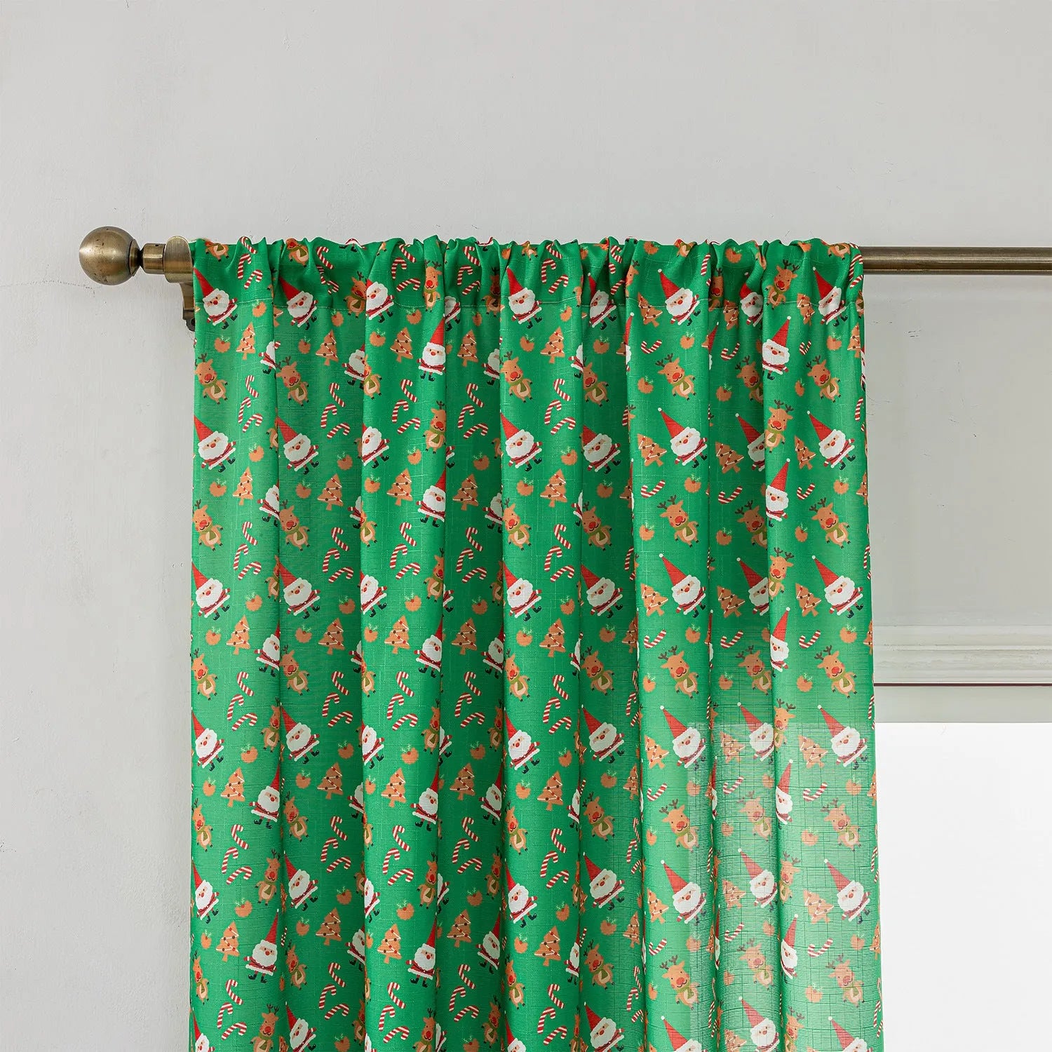 Red Christmas curtain with printed snowman and angel cartoon figures, 1 metre length
