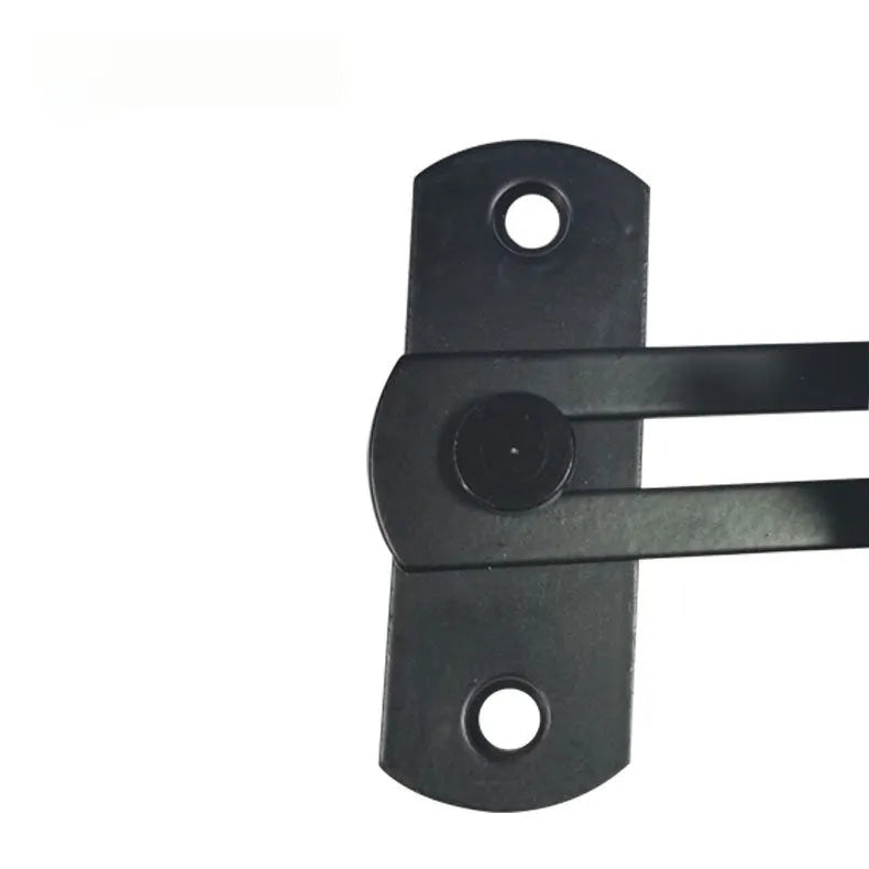 Black carbon steel and stainless steel sliding door lock with a 90-degree latch and flat shackle.