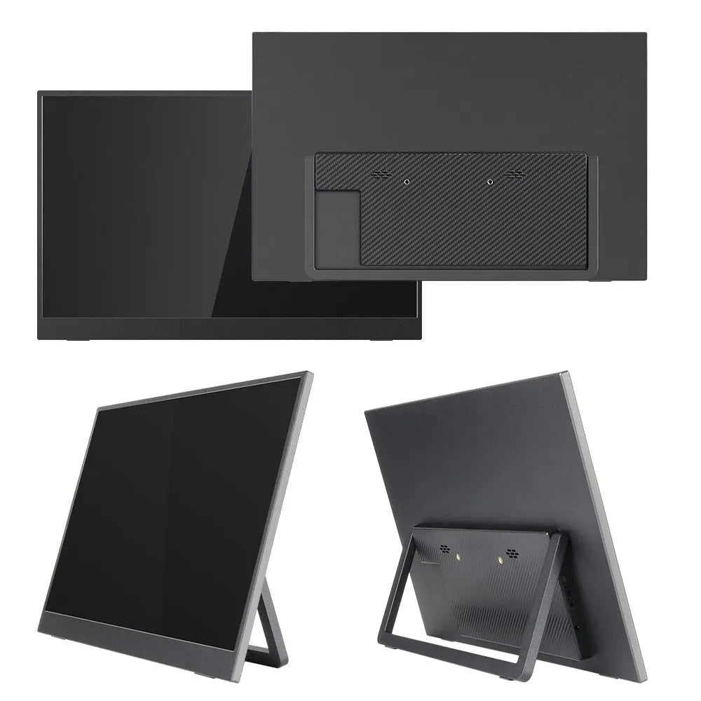 Black 15.6-inch portable office monitor on adjustable stand showing desktop display