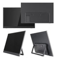 Black 15.6-inch portable office monitor on adjustable stand showing desktop display