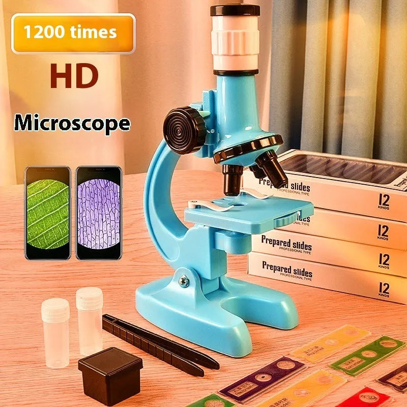 Children's plastic microscope toy with 1200x HD lens, prepared specimen slides, and mobile phone holder on a white background