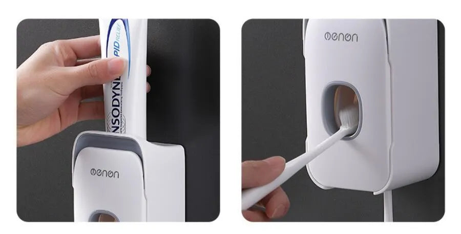 Automatic toothpaste dispenser unit mounted on a wall in a choice of blue, grey, or pink colours.