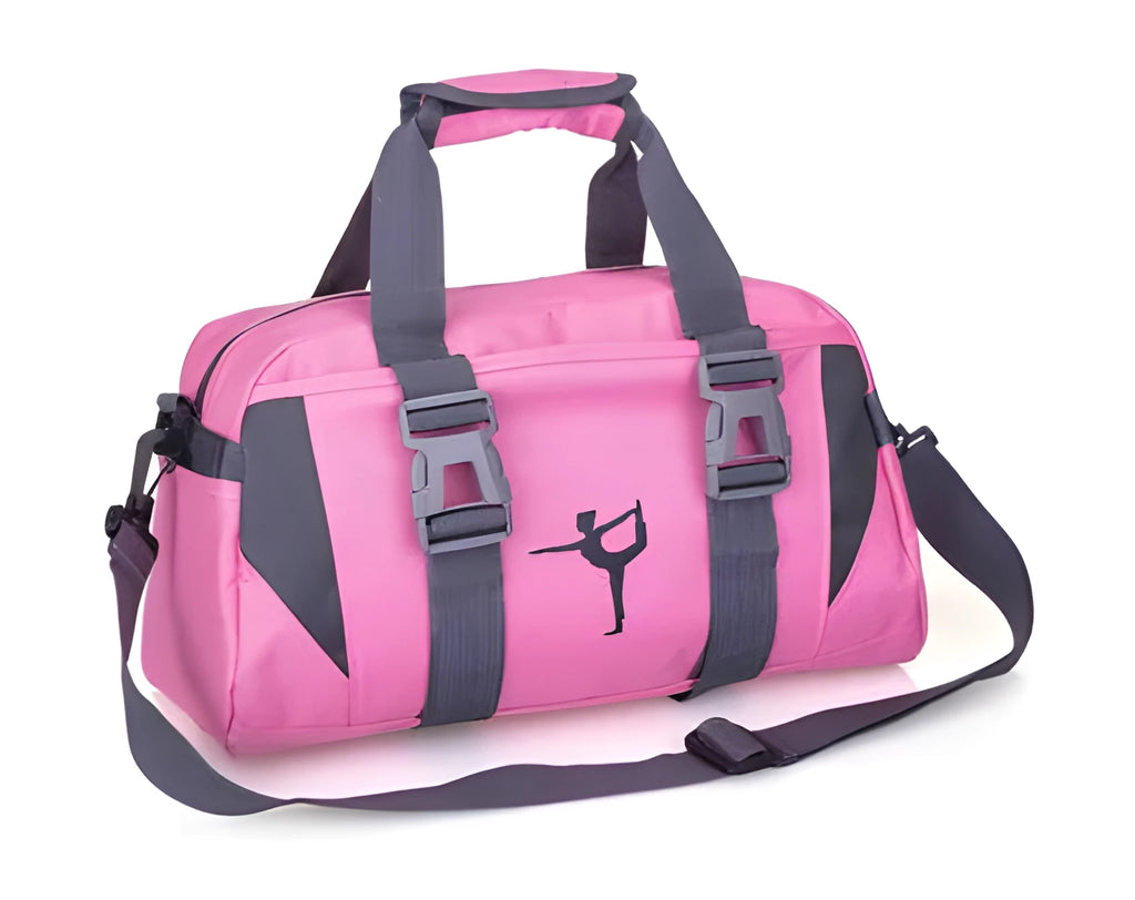 Nylon yoga and gym bag shown in multiple colours including black, blue, green, pink, purple, and red.