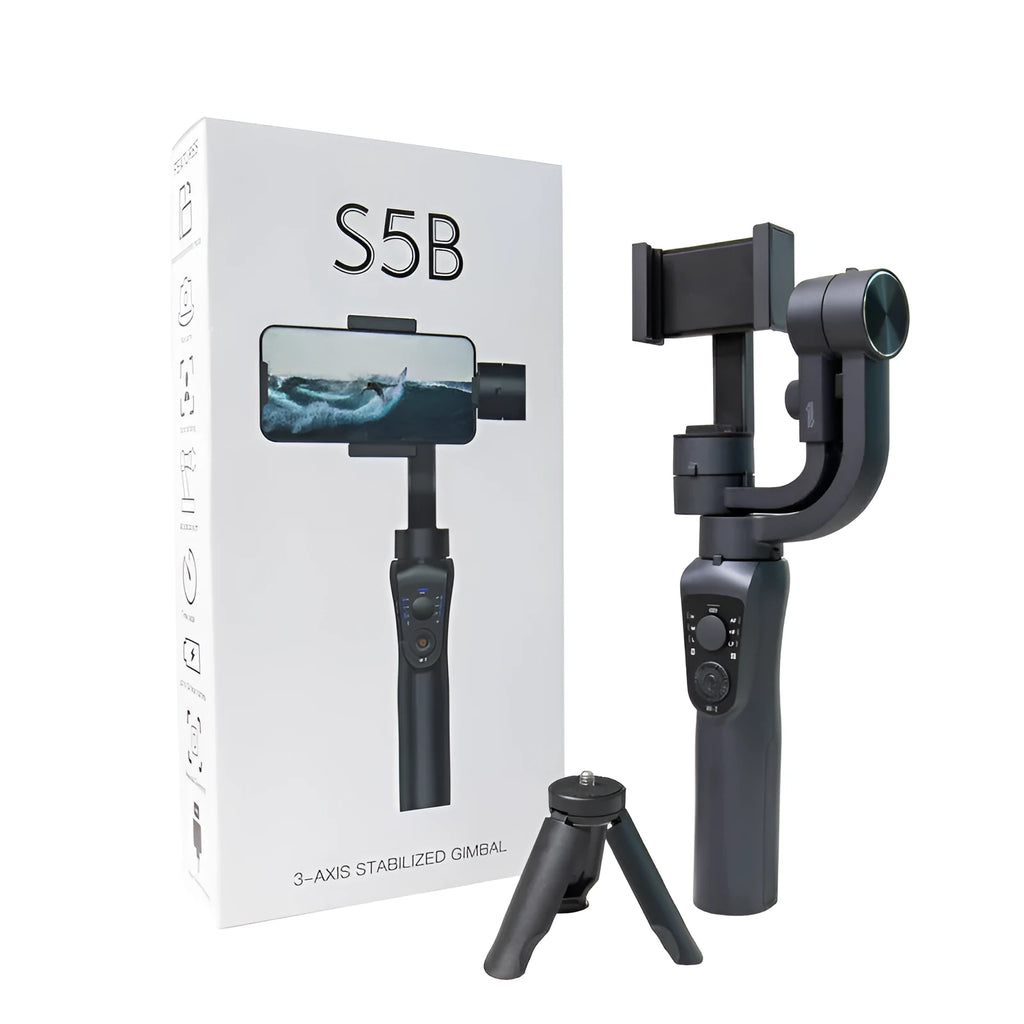 Black three-axis handheld gimbal stabiliser for mobile phones with hard case, soft case, and tripod.