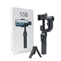 Black three-axis handheld gimbal stabiliser for mobile phones with hard case, soft case, and tripod.