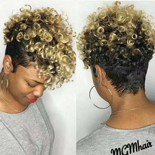 Women's short synthetic wig with simple rolls styling in Kanekalon material showing black, brown, gold, and grey colour options