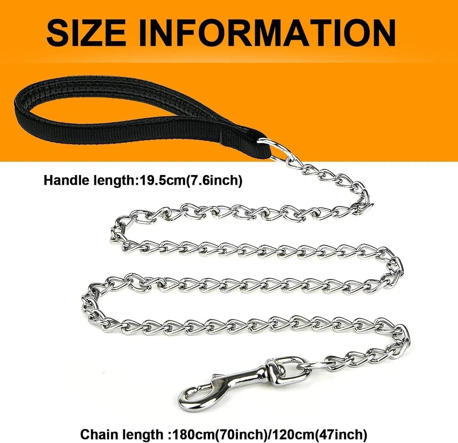 Heavy duty metal dog chain leash with soft black padded handle, shown in black, blue, and red.